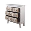 Charming chest of drawers in cream finish with wood panel details and multiple handles