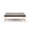 A chic modern coffee table with a copper frame and wooden surface 