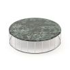 A chic coffee table with a stainless steel frame and a green marble surface