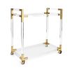 An understated glamorous bar cart made from clear acrylic, brushed brass and glass 