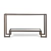Antique bronze framed console table with two-tier glass shelving