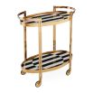 The Op Art Bar Cart showcases bold modernism with back-painted glass shelves and polished brass accents, offering ample space for decanters and easy mobility.