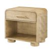 Rounded bedside table with an open cubby and one drawer, natural wood finish