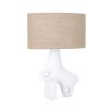 A contemporary abstract unglazed porcelain table lamp with a natural jute burlap shade 