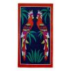 Dark blue beach towel with red border and two parrot design