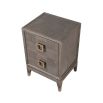 A brown two drawer bedside table with brushed brass hardware and feet