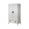 A luxurious wardrobe with a white finish, bronze hardware, interior shelving, a clothing rail and one drawer