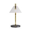 Lamp with antique brass arm fixed to a circular, black marble base