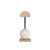 Sculptural lamp with swooping bronze arm, curved brass shade and alabaster orb on base 
