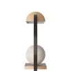 Sculptural lamp with swooping bronze arm, curved brass shade and alabaster orb on base 