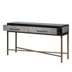 grey shagreen console table with black outlining and brass legs and details 