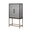 grey shagreen wine cabinet with black outlining and brass accents and base