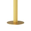 Modern antique brass floor lamp with metal clips securing the folded-linen drum shade