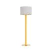 Modern antique brass floor lamp with metal clips securing the folded-linen drum shade