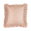 A luxurious pink silk cushion with a coral jacquard pattern and frills