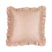 A luxurious pink silk cushion with a coral jacquard pattern and frills