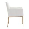 The Sloane Dining Armchair combines mid-century modern elegance with forged brass gold legs and off-white C0 fabric upholstery, offering both style and comfort.