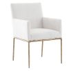 The Sloane Dining Armchair combines mid-century modern elegance with forged brass gold legs and off-white C0 fabric upholstery, offering both style and comfort.