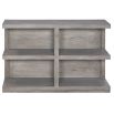 Sleek grey wood console table with shelving