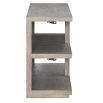 Sleek grey wood console table with shelving