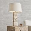 Hieroglyphics-inspired brown lamp with off-white linen shade