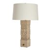 Hieroglyphics-inspired brown lamp with off-white linen shade