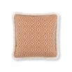 An orange outdoor cushion with diamond pattern and fringe details.