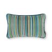 A rectangular outdoor cushion in a bright striped velvet fabric.