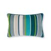 An outdoor, velvet cushion designed with blue and green vertical stripes of different thicknesses.