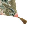 Green cushion with pink flowers and grey leaves, green tassels and leopard print reverse 