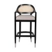 Bar stool with rattan backrest and linen seat contained in black frame