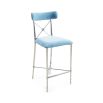 A stylish, light blue counter stool with a dazzling, silver frame 