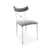 A chic grey velvet dining chair with a white metal frame 