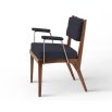 A sophisticated dining chair with a walnut wood frame, a blue linen upholstery, brushed brass arms and leather buckled straps 
