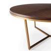Rich wood top round coffee table with minimalist brass base