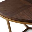 Elegant round coffee table with rich wood top and minimalist brass base