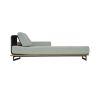 modern left chaise pictured in grey upholstery with teak wood base