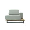 modern left chaise pictured in grey upholstery with teak wood base