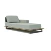 modern left chaise pictured in grey upholstery with teak wood base