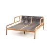 A luxury outdoor double day bed with a stylish sunbrella upholstery and natural base