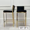 Set of six luxury velvet upholstered bar stools with gold frame