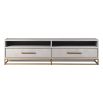 White tv unit with square wood inlay and brass details
