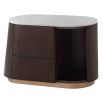 Wooden bedside table with white marble top, brass base and open shelf detail with two drawers