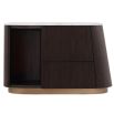 Brown bedside table with marble top, brass base and dark wood finish with two drawers and open shelving