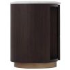 Brown bedside table with marble top, brass base and dark wood finish with two drawers and open shelving