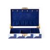 A luxury, velvet-lined jewellery box by Jonathan Adler with a blue geometric design