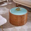 Glossy lacquer and rattan coffee table with a blue tabletop