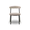 set of two dining chairs with black frame and boucle upholstered back rest and round seat