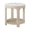 Round side table with light wood rigged frame, with white marble top 