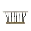 Wooden plinth console table with branch-like bronze framework and concrete style top